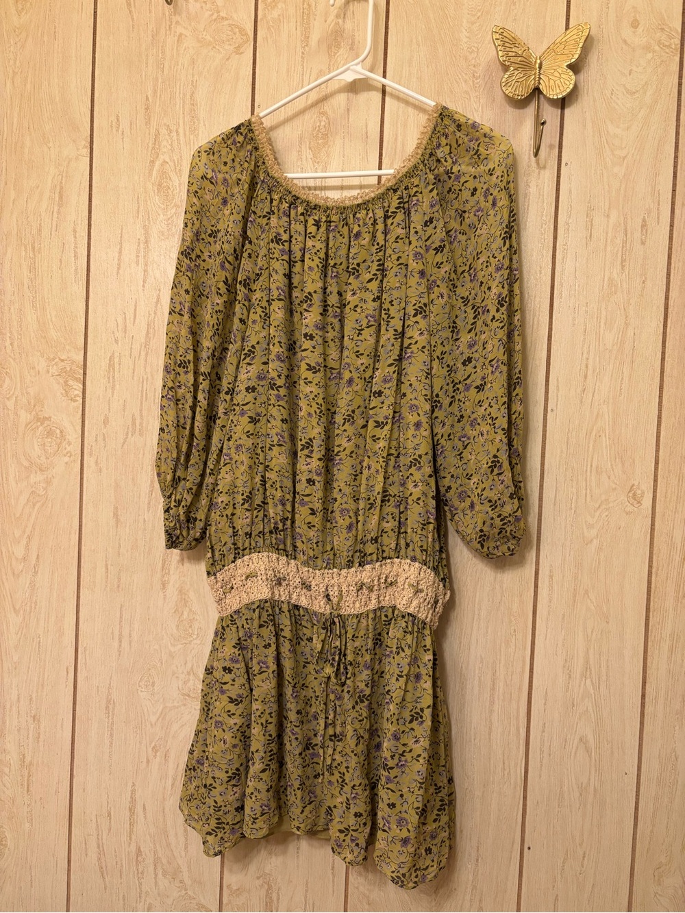 Moda International Olive Floral Long-Sleeve Smocked Waist Dress